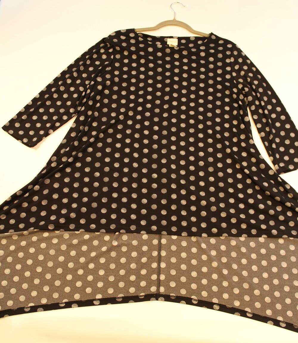Chico's Womens Sz 2 Black Polka Dot Tunic Dress Colorblock Asymmetric Hem